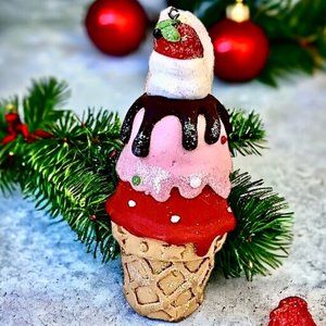 GERSON Ice Cream Cone Christmas Ornament CLAY DOUGH Cherry on Top New 4.5